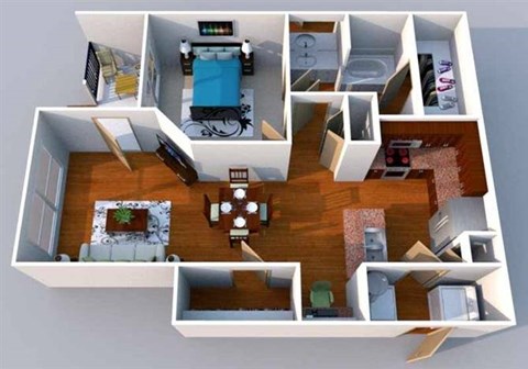 A 3D floor plan of a house with a kitchen, living room, and bedrooms.